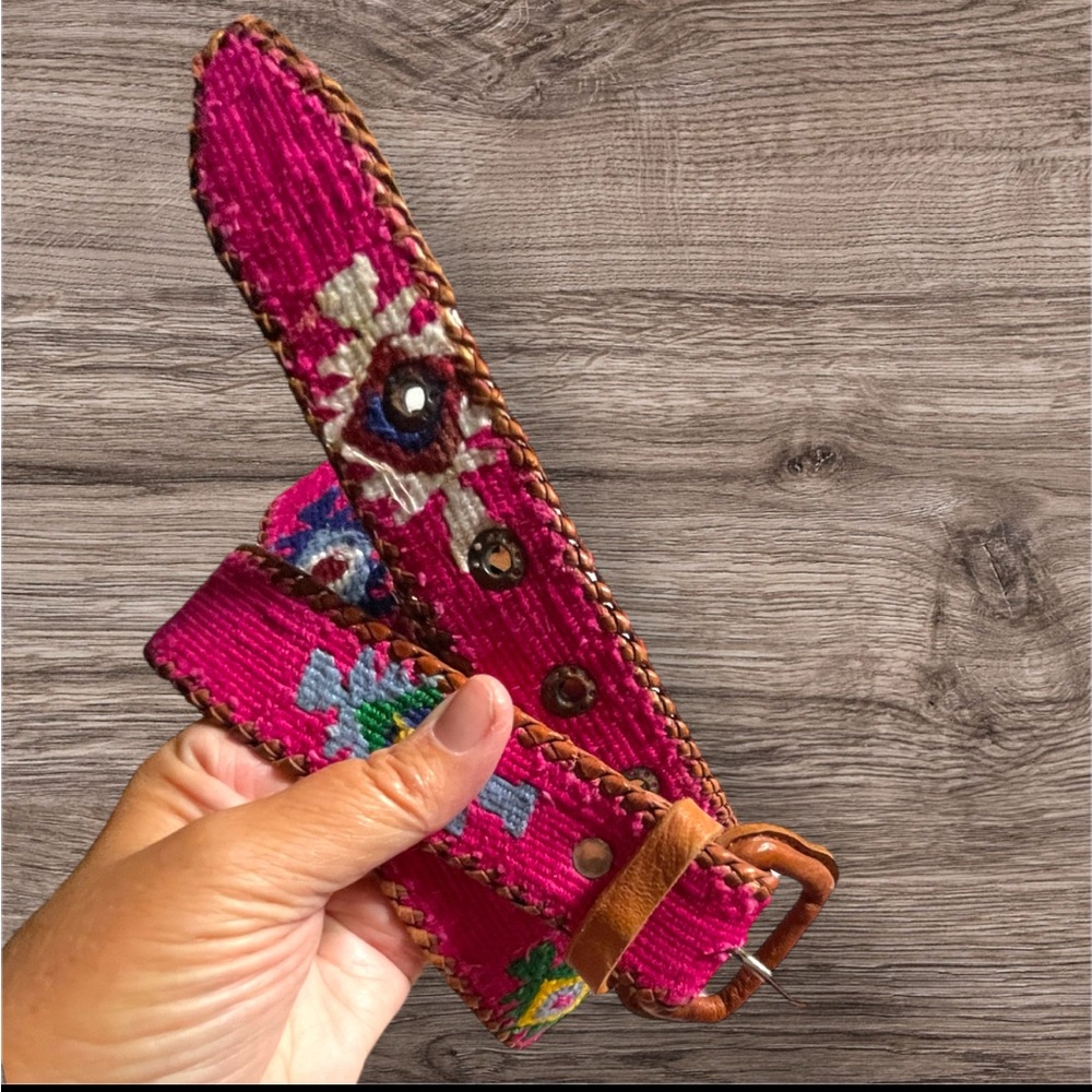 Chaipas Fair Trade Leather Woven OOAK Pink Multi Color Godseye Belt 41” Mexico